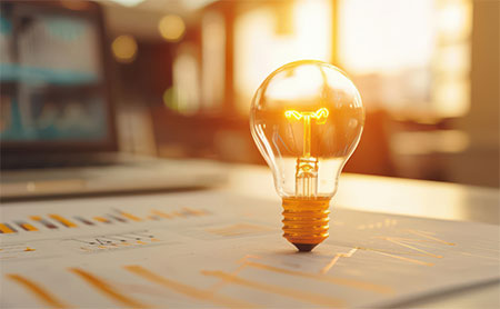 A glowing light bulb on a sheet of paper with graphs, set in an office environment.